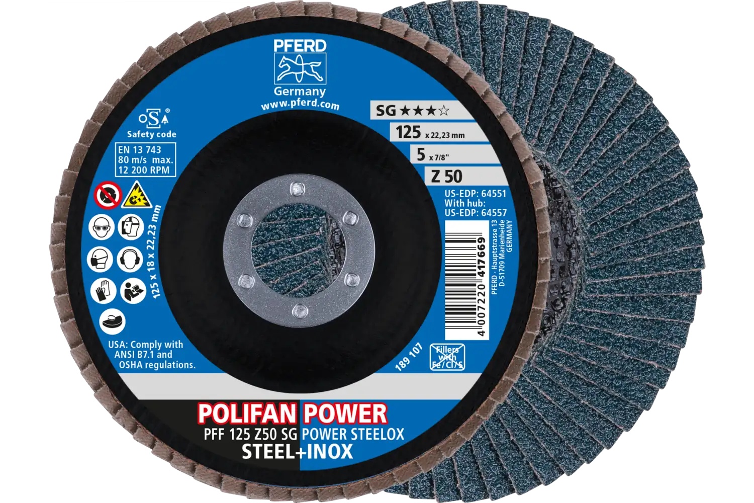 Picture of Pferd Flap Disc, 5" x 7/8, Z SG Power Steelox, 50 Grit, T27, Flat, Zirconia